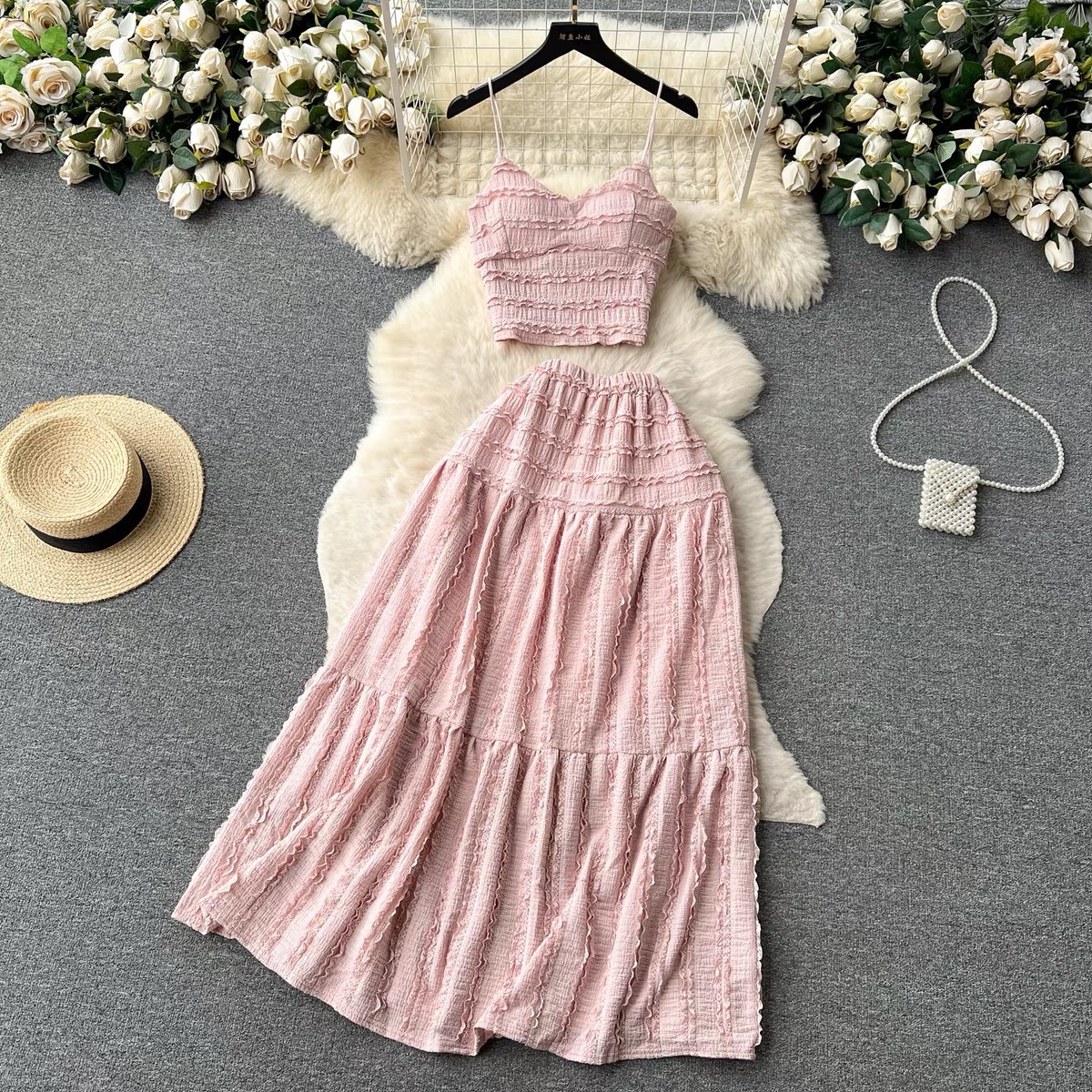 Cross-border Age-reducing Set Summer 2023 New Sling Top Short All-match Large Swing Skirt Sweet Two-piece Set