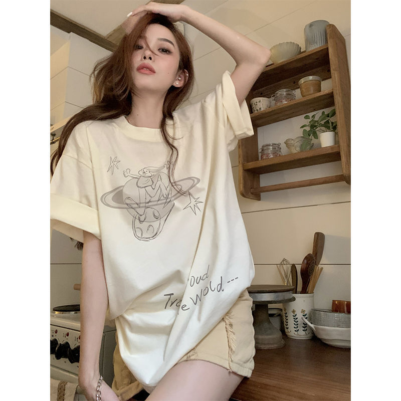 Picture of apricot Rabbit Printed Short-sleeved T-shirt Women's Summer Thin Korean Style Design Niche Loose Hong Kong Style Top