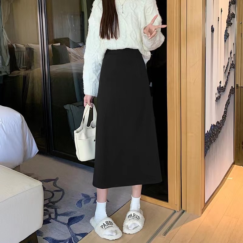 Mid-length skirt women's 2024 autumn new chubby girl crotch skirt high waist slim fashion split A- line skirt
