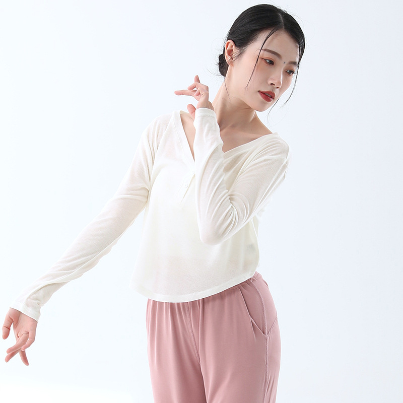 Picture of Thin V Neck Yoga Wear, Long-Sleeved Short Style, Loose-Fitting Outdoor Fitness Top, Breathable Daily Sports Blouse