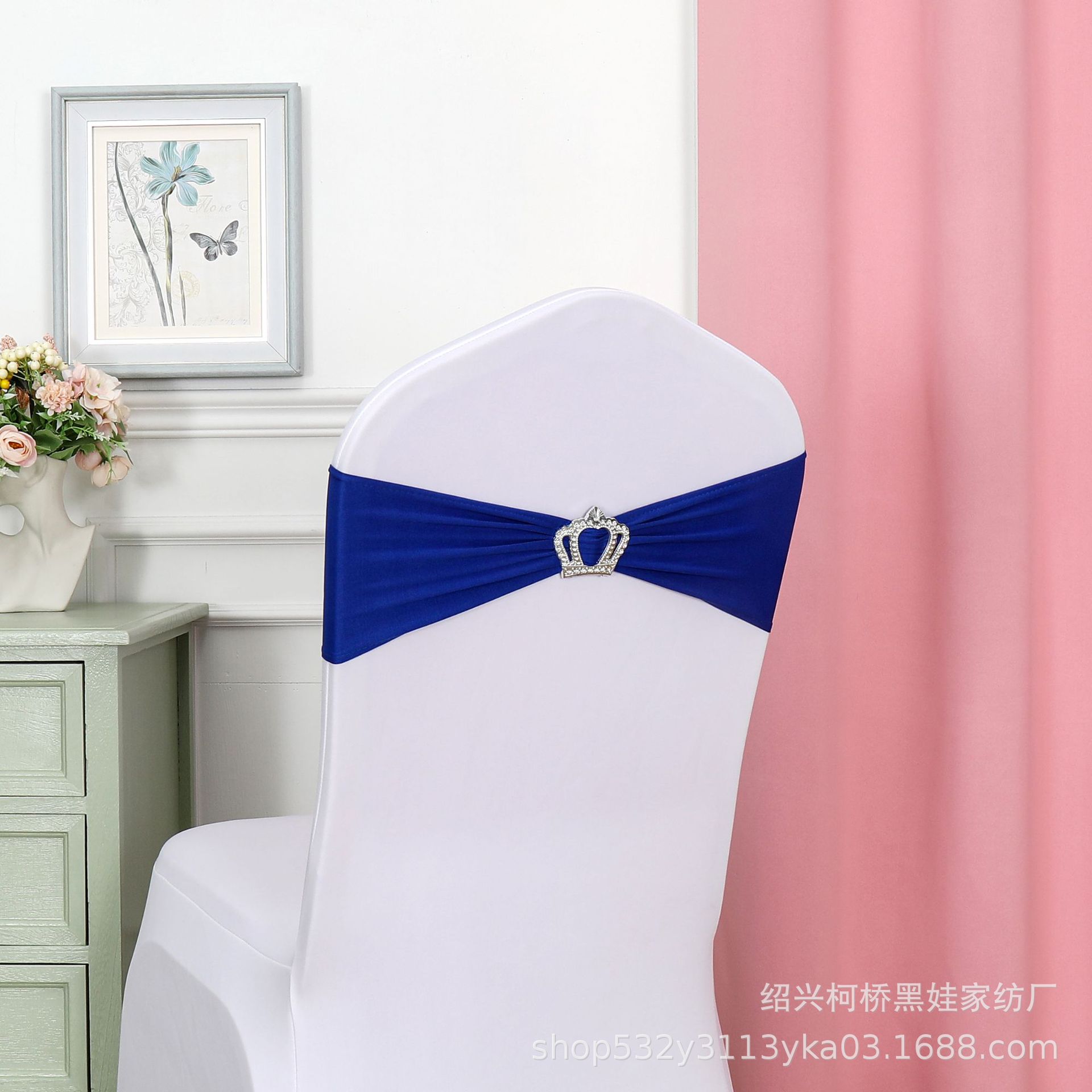 Picture of Chair Back Flower Bow Crown Diamond Buckle Elastic Banquet Chair Set Decoration Free Wedding Strap Ribbon Wedding Ribbon