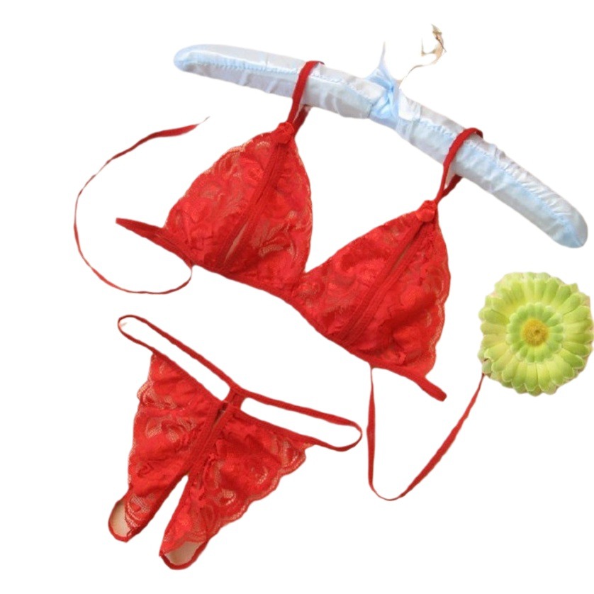 Sexy Underwear Hanging Neck Three-point Sexy Lace One-piece Open-file Underwear Bra Strap Backless 2-piece Gift Set