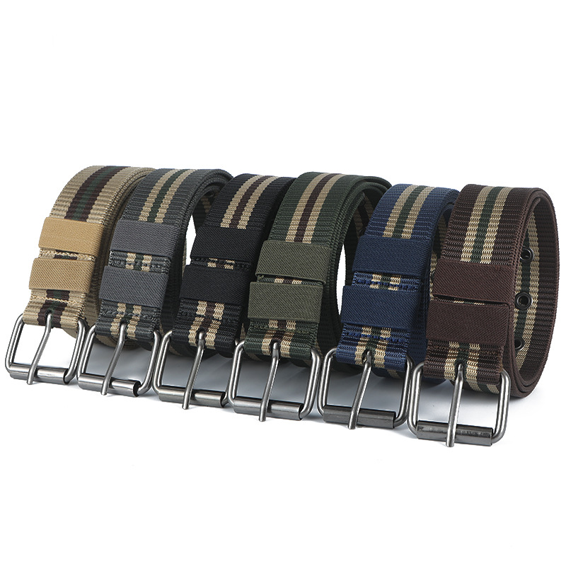 Belt Men's Fashionable Casual Full Eye Pin Buckle Nylon Tactical Belt Men's Trendy Men's Versatile Stripesd Canvas Trouser Belt