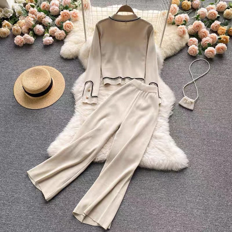 Picture of Light mature style knitted suit women's autumn New Design single-breasted Cardigan high waist slimming wide leg pants two-piece set