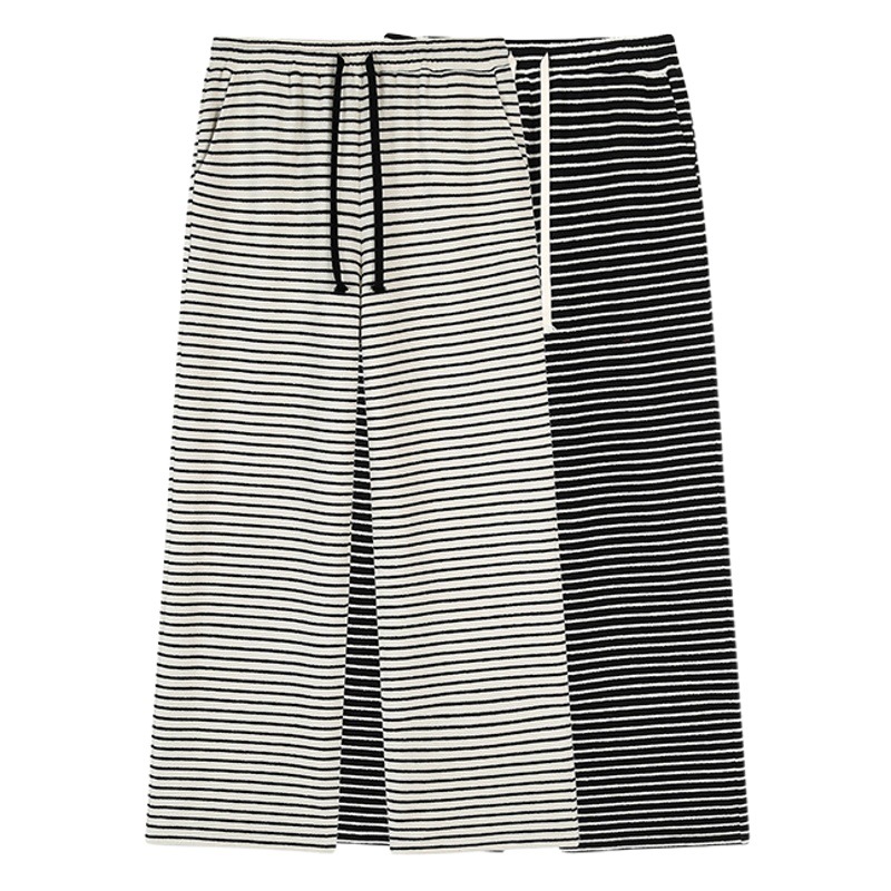 Striped Casual Pants for Women Spring Large Size Fat mm Terry Velvet High Waist Slimming Look Draped Thickeneded Wide Leg Pants 63158