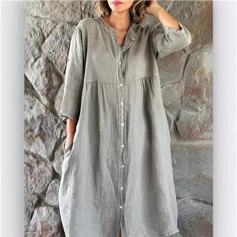 Amazon AliExpress cross-border foreign trade new cotton and linen Europe and the United States solid color leisure fashion button long dress wholesale