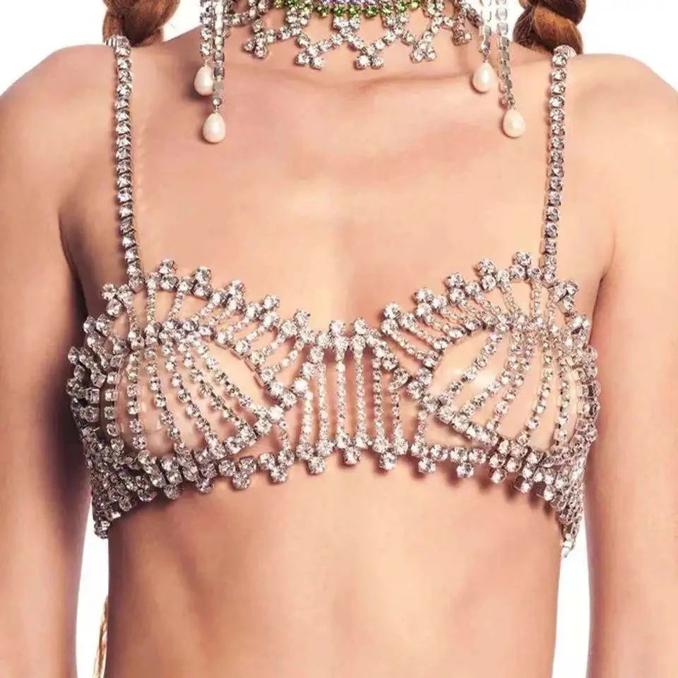 Cross-Border fashion luxury rhinestone tassel body chain bra Europe and the United States hot sexy chest chain underwear bikini bra