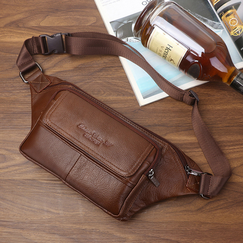 Men's Genuine Leather Waist Bag Top Layer Cowhide Mobile Phone Waist Bag Sports Multifunctional Crossbody Bag Large Capacity Trendy Men's Chest Satchel