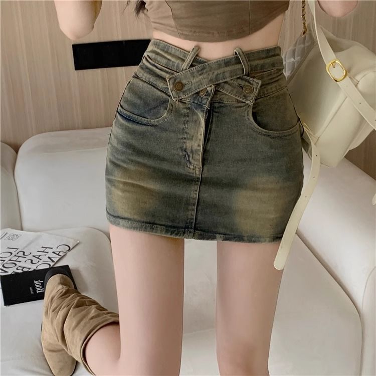 American Retro Cross Cut Out Denim Skirt for Women, High-Waisted A-Line Hip-Covering Short Skirt for Small Hotties to Prevent Exposure