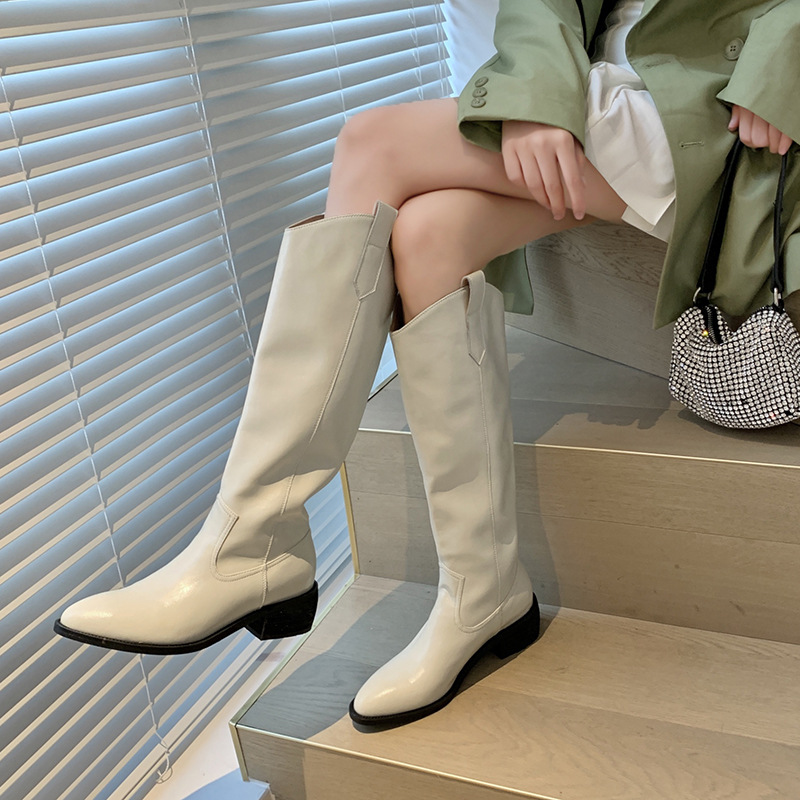 Wide cylinder version! Genuine Leather High pointed-toe Western cowboy boots chunky heel Knight boots autumn and winter Internet celebrity knee-high boots for women