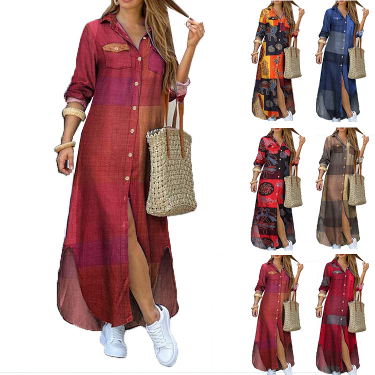 Amazon's New Women's European and American Spring and Autumn Fashionable Sexy Single-Breasted Shirt Long Skirt Loose Lapel Dress