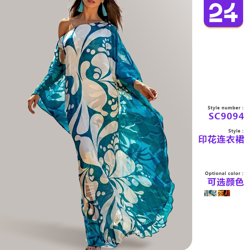 2025 Cross-Border New Spring and Summer European and American Clothing Dress Bohemian Dress Printed Loose Off-Shoulder Long Skirt