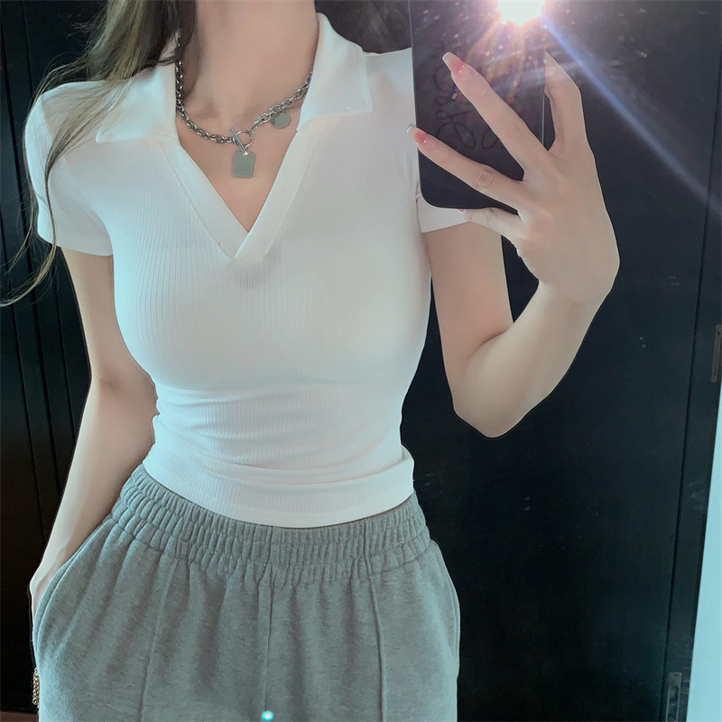 Hot girl V-neck short-sleeved T-shirt female 2024 Summer pure desire slim slimming small polo shirt casual short top