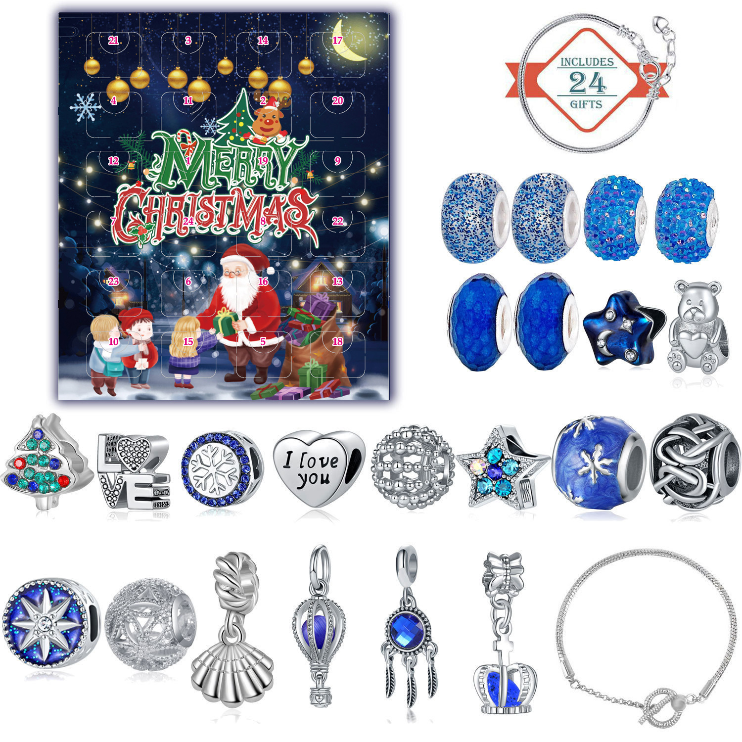 Picture of Maida Blue Christmas Countdown Calendar Gift Box suit DIY Beaded Bracelet Dream Star Bracelet Gift