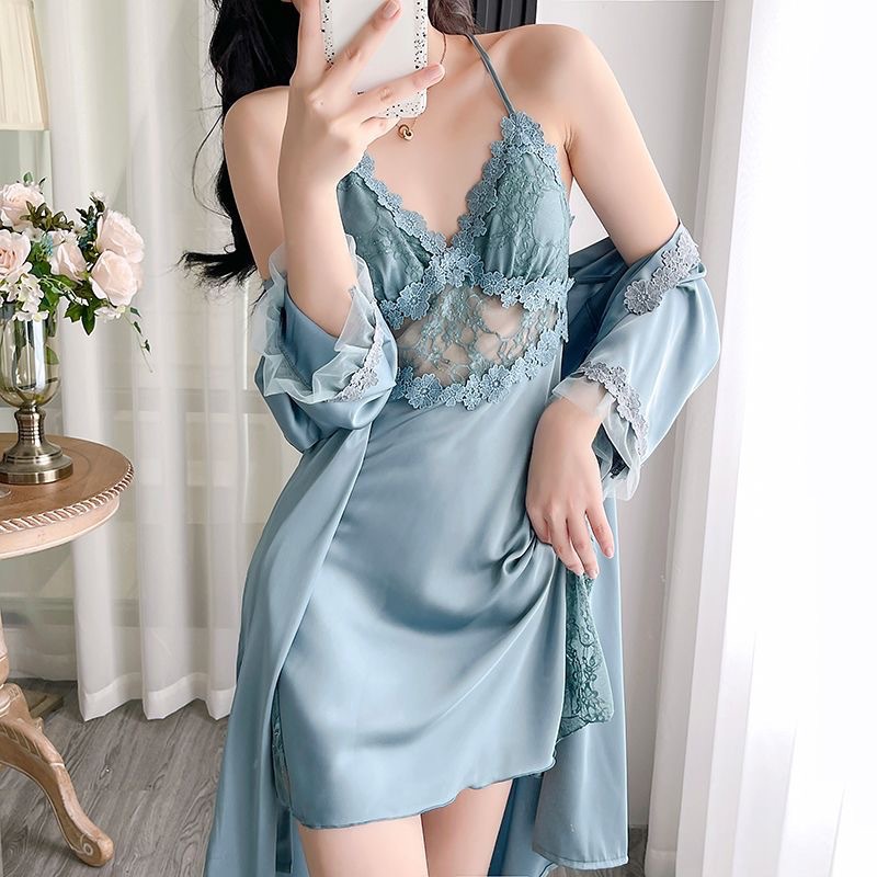 Sexy Pajamas for Women Spring & Fall Ice Silk Thin Style with Breast Pads Small Breasts Summer Lace 2025 Suspender Nightgown Nightgown Set