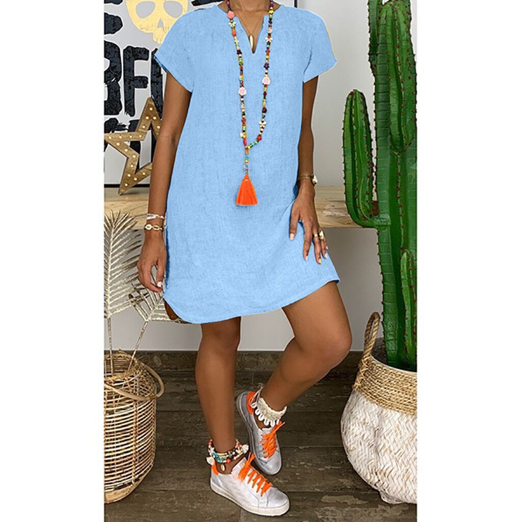 Picture of 2023 New Amazon WISH Hot Spring Summer Loose Skirt Short Sleeve V-Neck Solid Color Woven dress