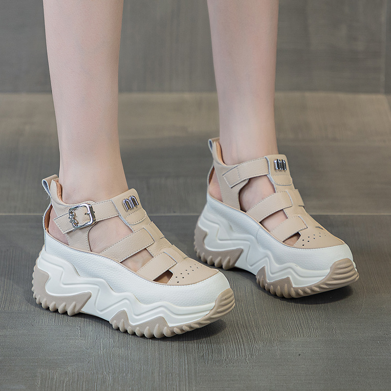 Thick-Soled Roman Sandals for Women 2025 Summer New Style Genuine Leather Popular Platform Shoes for Small People Internet Celebrity Chinese Style Casual Pig Cage Shoes