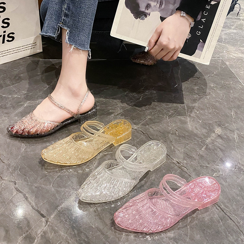 Cross-Border Crystal Transparent Non-Slip Jelly Plastic Ins Fashion Women's Summer Simple Cut Out Two-Wear Sandals and Slippers Comfortable