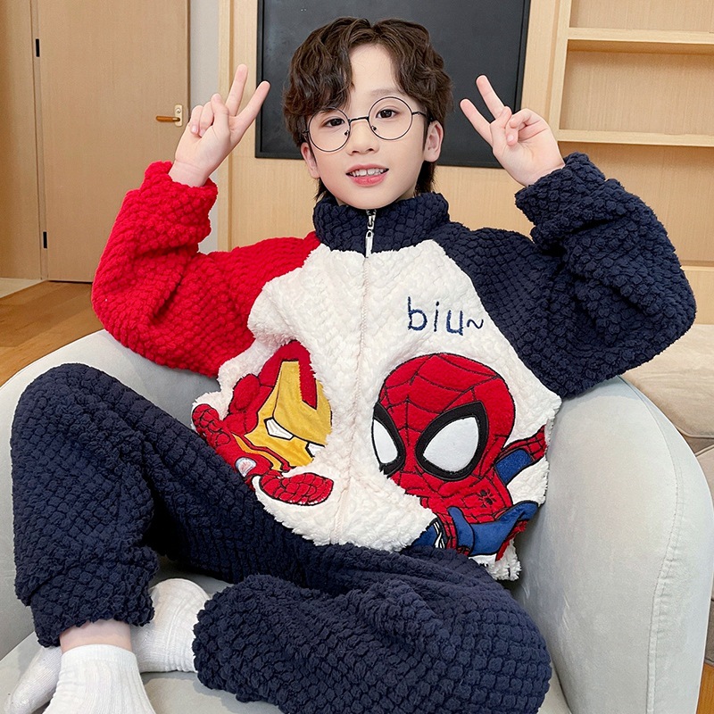 Boys' pajamas 2023 new autumn coral fleece fleece-lined children's flannel winter boys' middle and big children's homewear