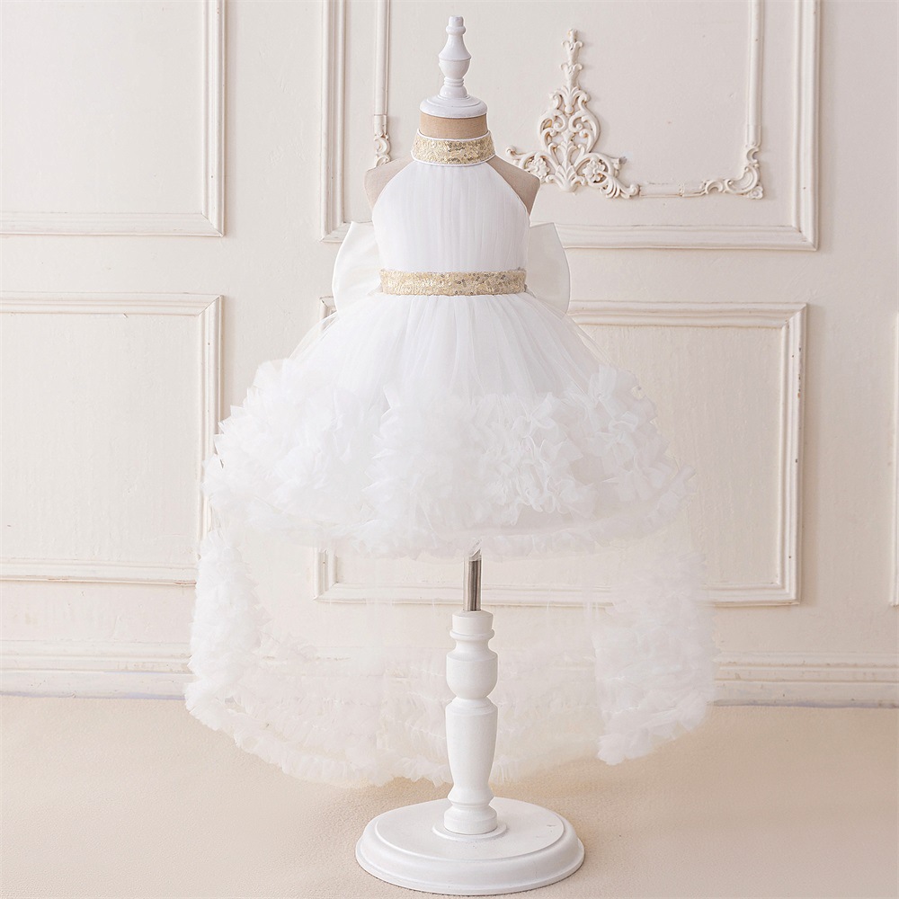 Picture of New One-year-old Dress Short-sleeved Pleated Mesh Lace Trailing Princess Dress Ponked Yarn Flower Children's Wedding Dress