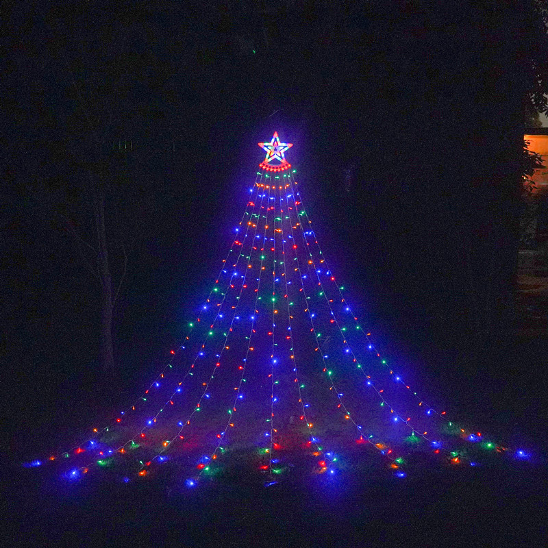 Picture of LED five-pointed star waterfall lamp Christmas hanging tree lamp water lamp outdoor decorative lamp courtyard remote control solar lamp