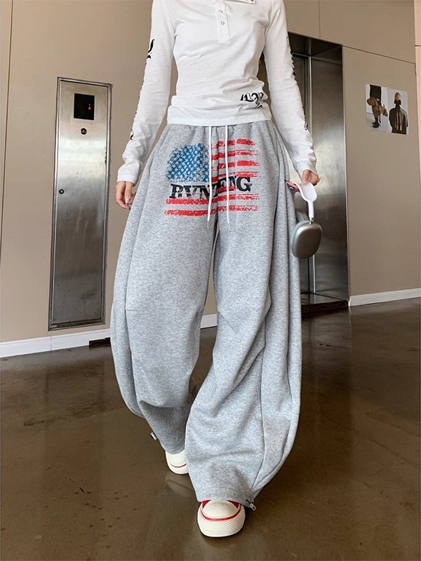 American high street letter print athleisure pants for men and women, niche design, drawstring high-waisted wide-leg pants