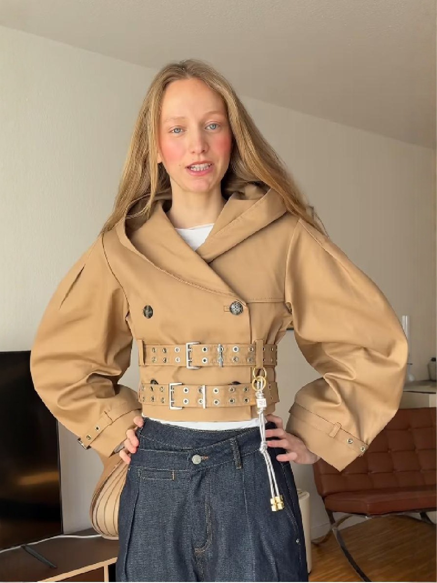 Picture of Cross-border European and American fashion versatile style 2025 new mid-length trench coat women's hooded double belt short jacket to look slimmer