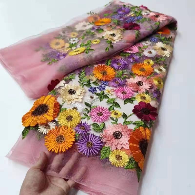 Picture of National cheongsam 3D three-dimensional floating flower mesh embroidery lace fabric unilateral sunflower dress dress fabric