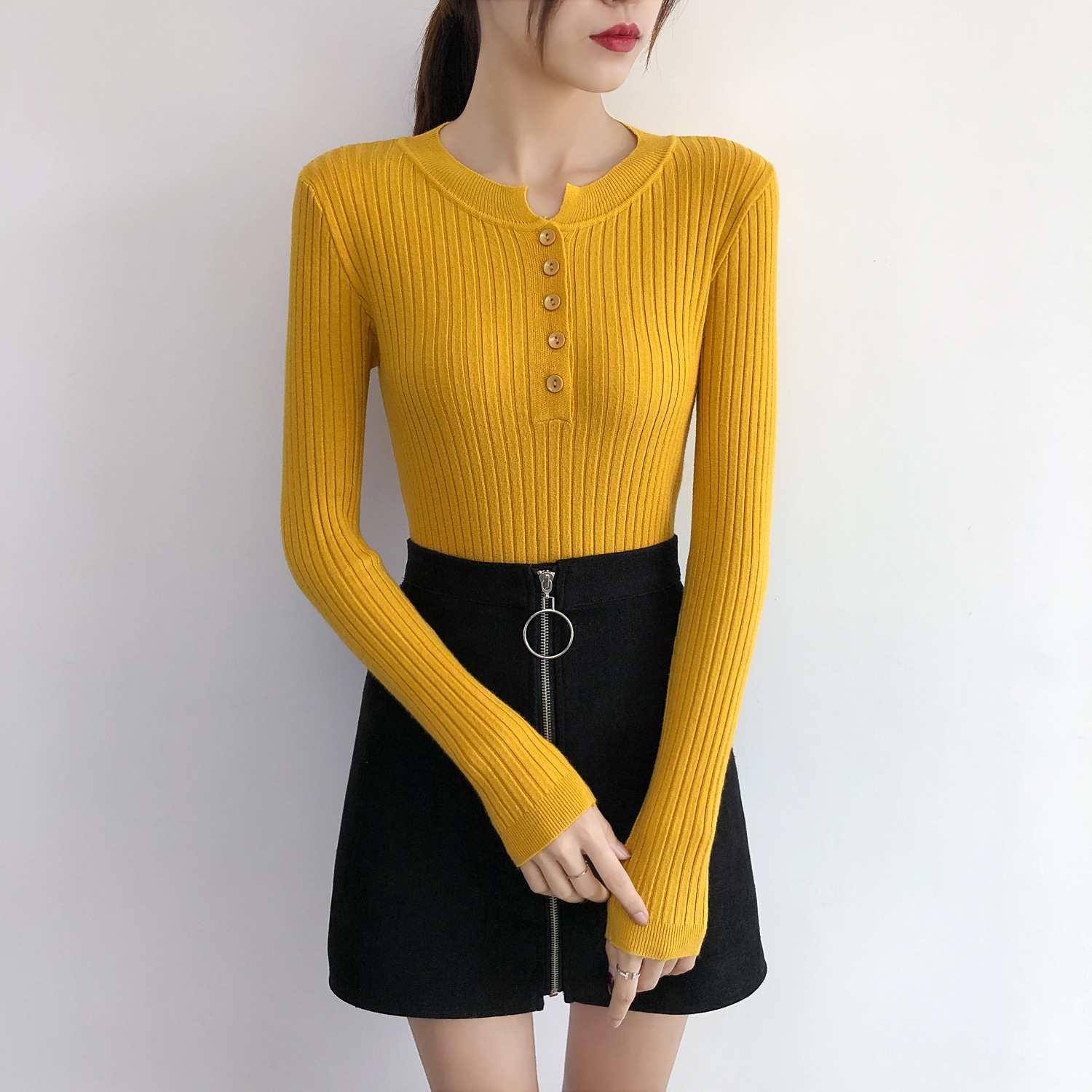 Picture of Real shot autumn and winter New Low round neck leaky collarbone knitted bottoming shirt slim short thin sweater button top