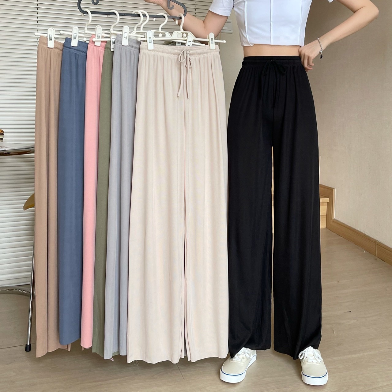 Spring Summer Autumn Wide Leg Pants Women's High Waist Ice Silk Dape Straight Leg Pants Loose Thin Casual Pants Dance Yoga Pants Y