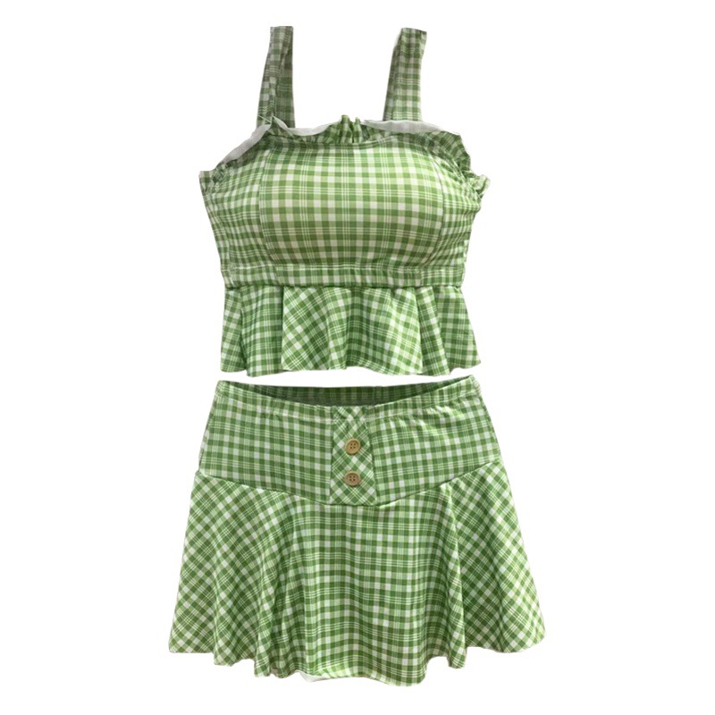 2025 New Swimsuit Women's Separates Bikini Conservative Small Fresh Plaid Cute Girl Student Swimsuit Wholesale Factory
