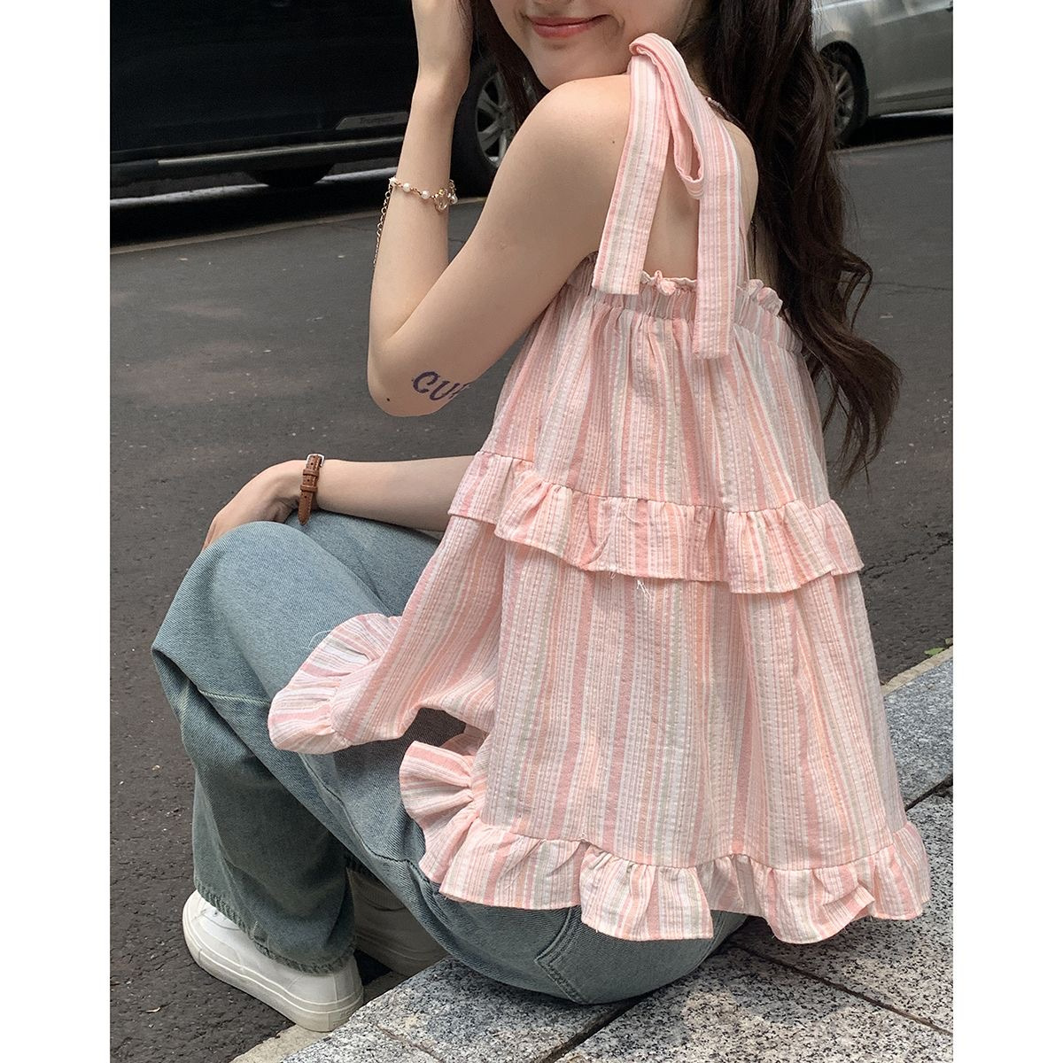 Picture of French Style Hot Girl Striped Lace-up Bow Small Camisole Women's Summer Loose Holiday Style Doll Shirt Top