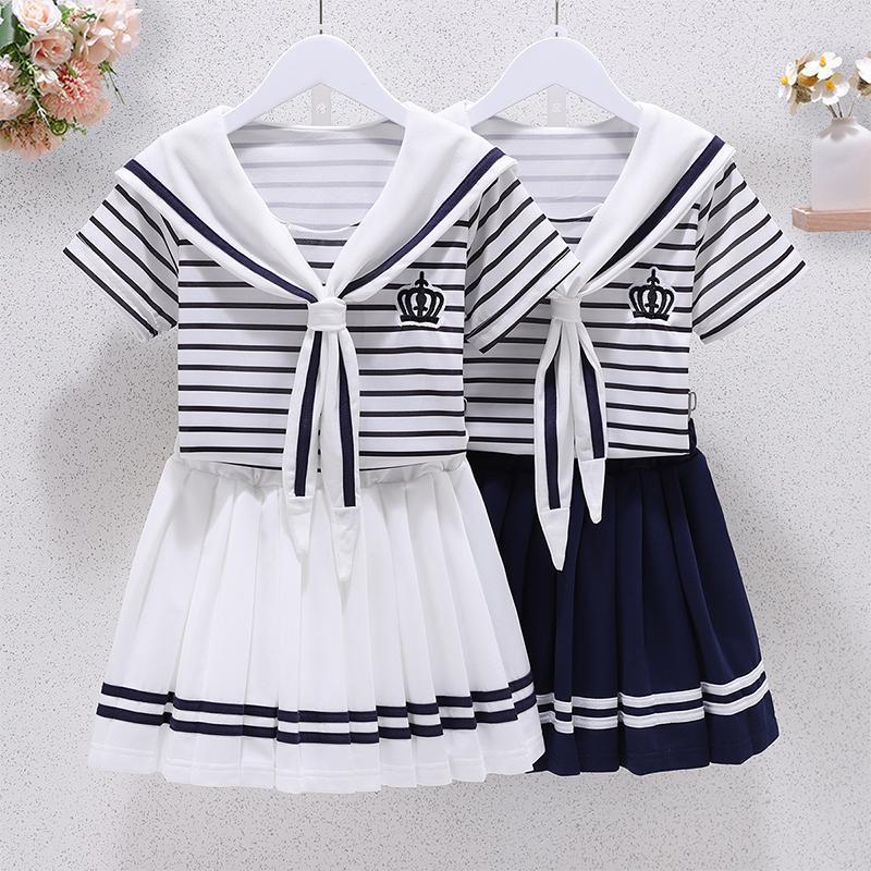 Girls' Academy Style suit Summer Korean Style Children's Big Boy's Navy Collar Striped Short Sleeve Top Pleated Skirt Two-piece Set