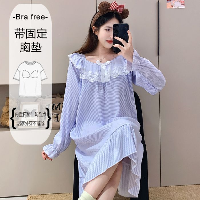 Spring and autumn cloud cotton long-sleeved nightdress sweet lace Korean version midi skirt with chest pad can be worn outside for home wear