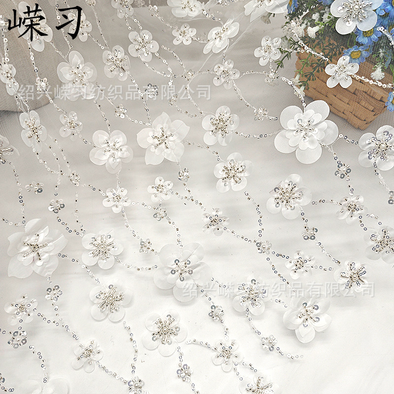 Hot Selling Bead Tube Bubble Bead White Embroidered Fabric Wedding Dress Dress Mesh Fabric Sequin Fabric Women's Clothing