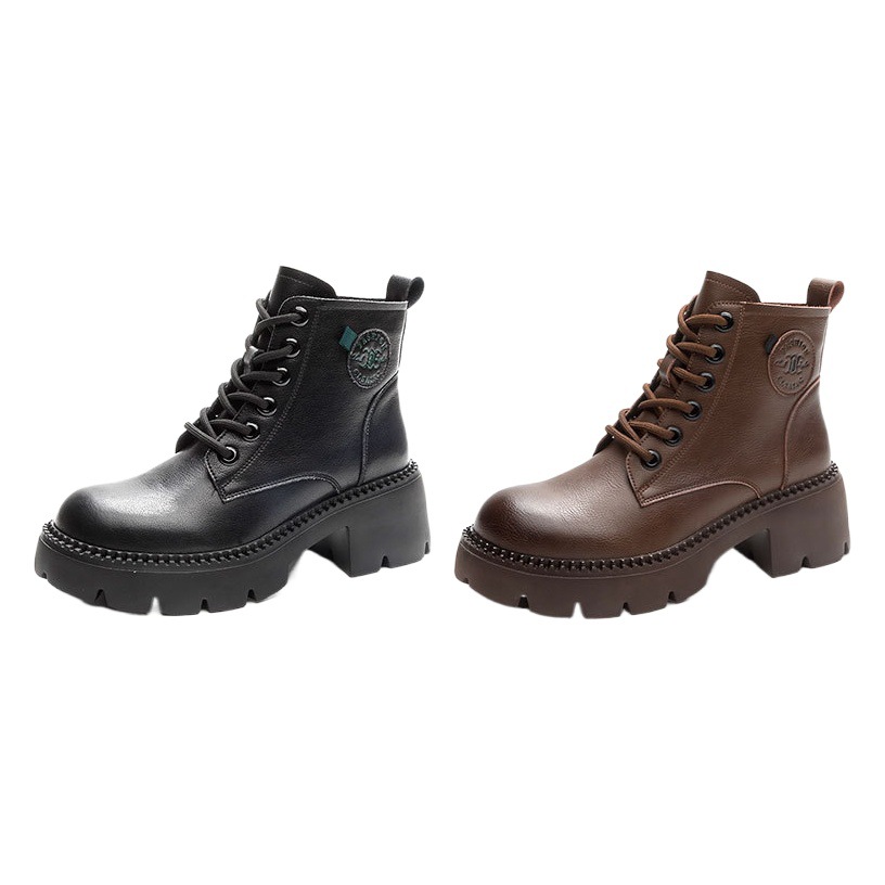 Autumn and Winter Thick-soled Martins Boots Women's 2025 Explosions Genuine Leather High-heeled Ankle Boots Versatile Boots Brown Skinny Knight Boots