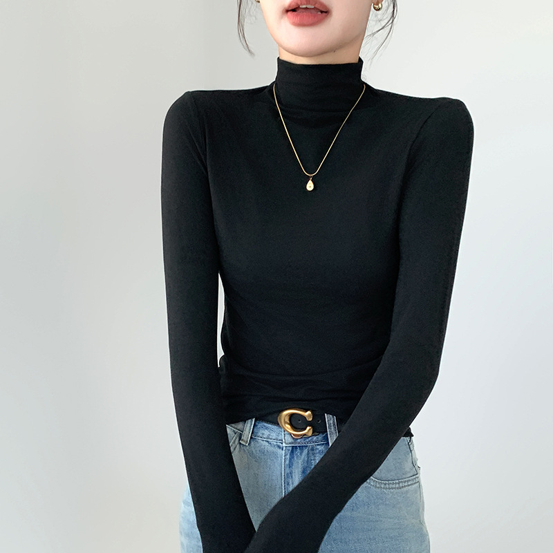 Picture of H528 Half-high Collar Mask Shirt Women's Inner Wear Autumn and Winter Sanding Base Shirt Slim-fit Warm Outer Wear Long-sleeved T-shirt Top
