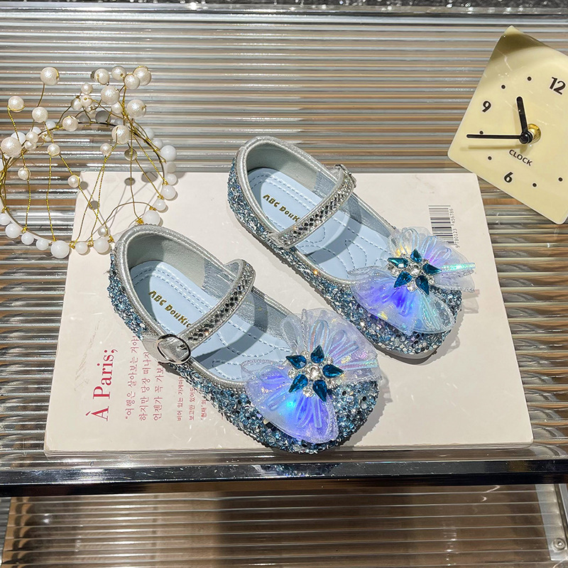 Girls' Luminous Princess Shoes 2025 Spring New Children's Crystal Shining Shoes with Light Bow Baby Ladyshoes
