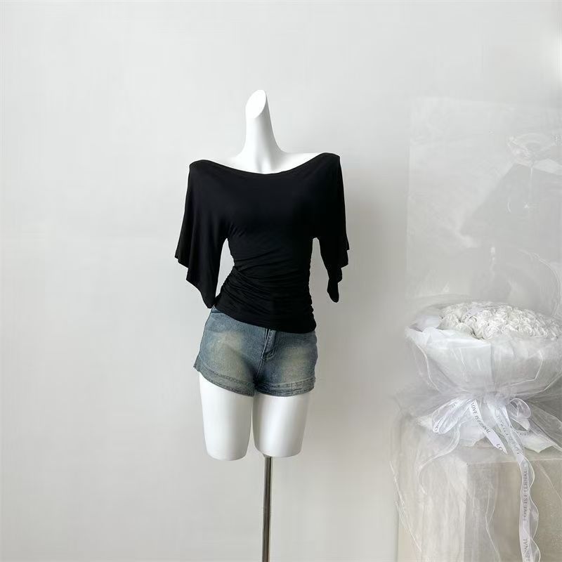 Pure desire wind collar slim one-shoulder T-shirt women's summer design sense flared sleeves to cover the flesh