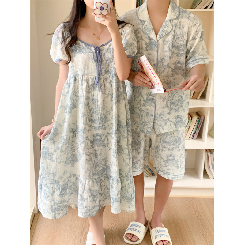 Cross-border exclusive for women's new pajamas women's Korean ink painting contrast color stitching suit soft and comfortable nightgown home clothes