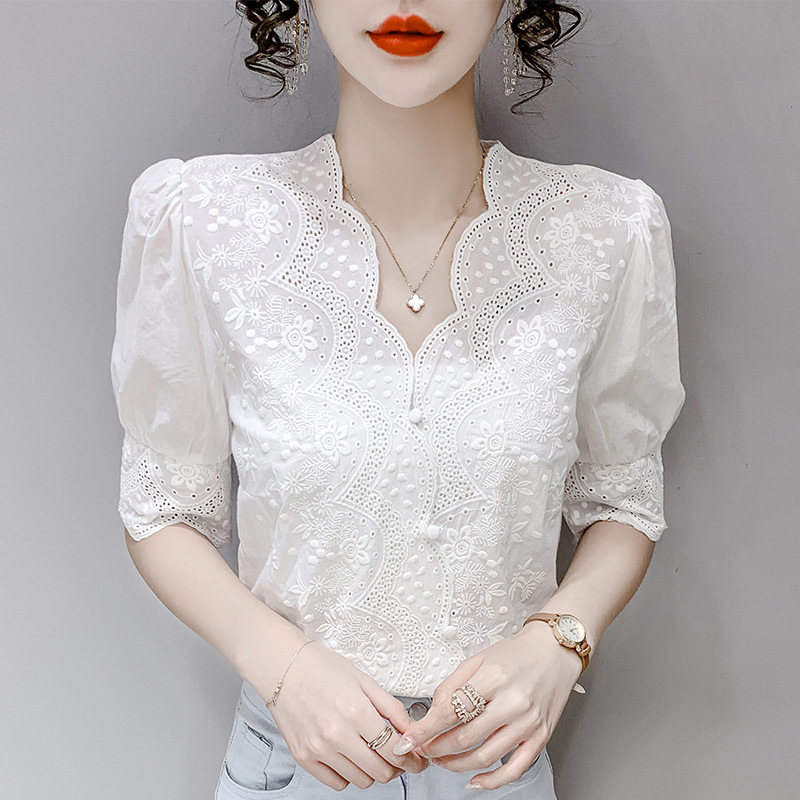 Picture of Summer white chiffon shirt women's summer 2024 new fashion very fairy clothes western style short sleeve shirt