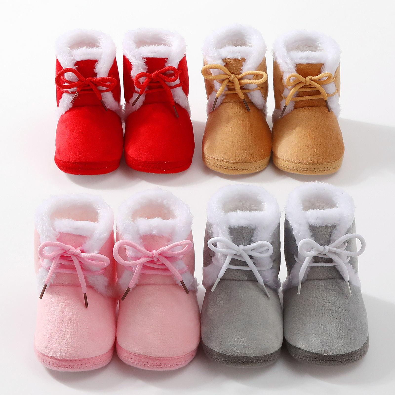 Baby Bowknot Toddler Shoes Plush Thickened Autumn and Winter Shoes Color-Block Baby Anti-Slip Shoes 0-1Y