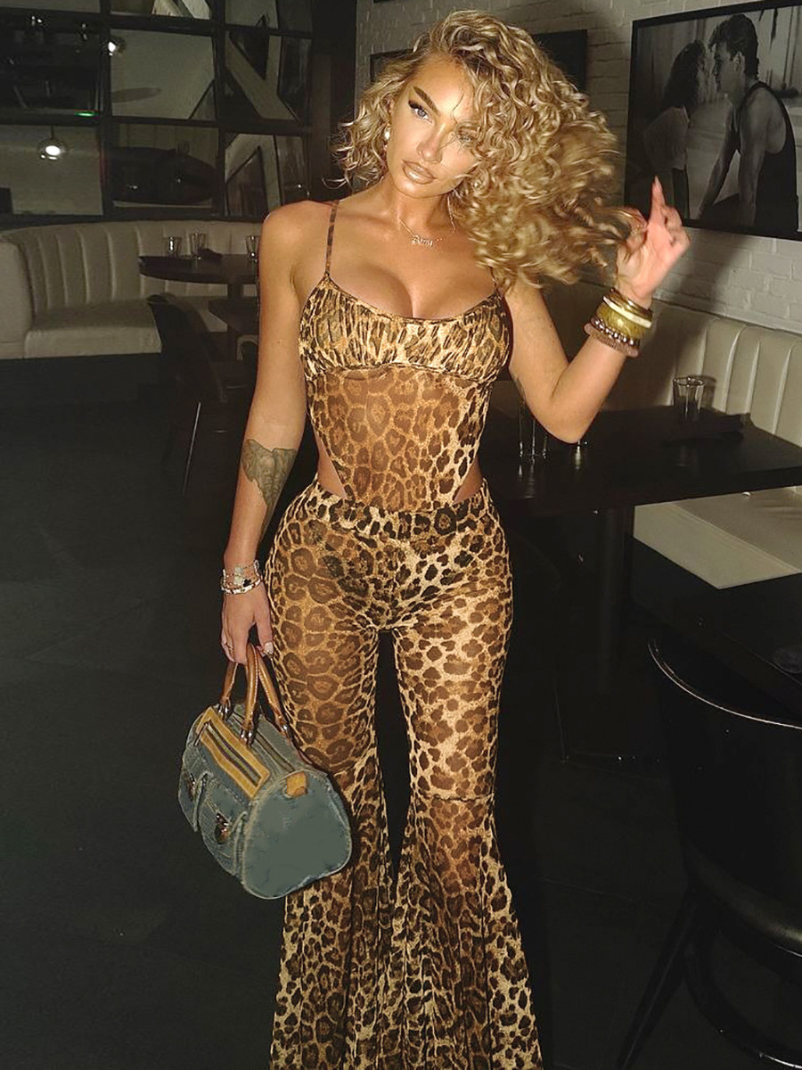 D9745 Amazon European and American Hot Women's Sexy Suspender Boomsuit Mesh Leopard Print Positioning Floral Pants