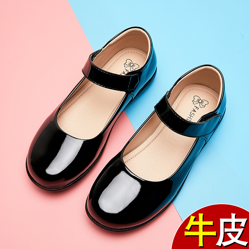 Picture of Girls' Leather Shoes, Children's Performance Shoes, Flower Girl Shoes, Student Black Flats, Ceremonial Shoes, School Shoes, Lightweight Velcro Shoes