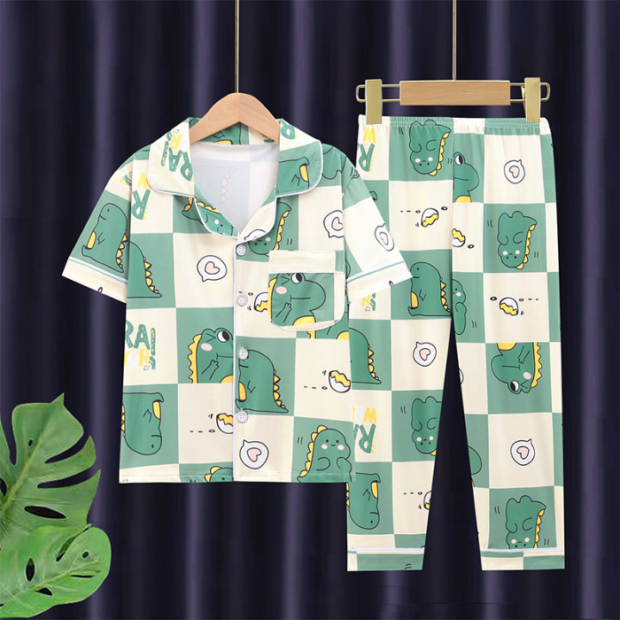 Picture of Children's pajamas men's medium and large children's short-sleeved trousers cardigan summer air conditioning clothes boys' cartoon homewear suit outer wear