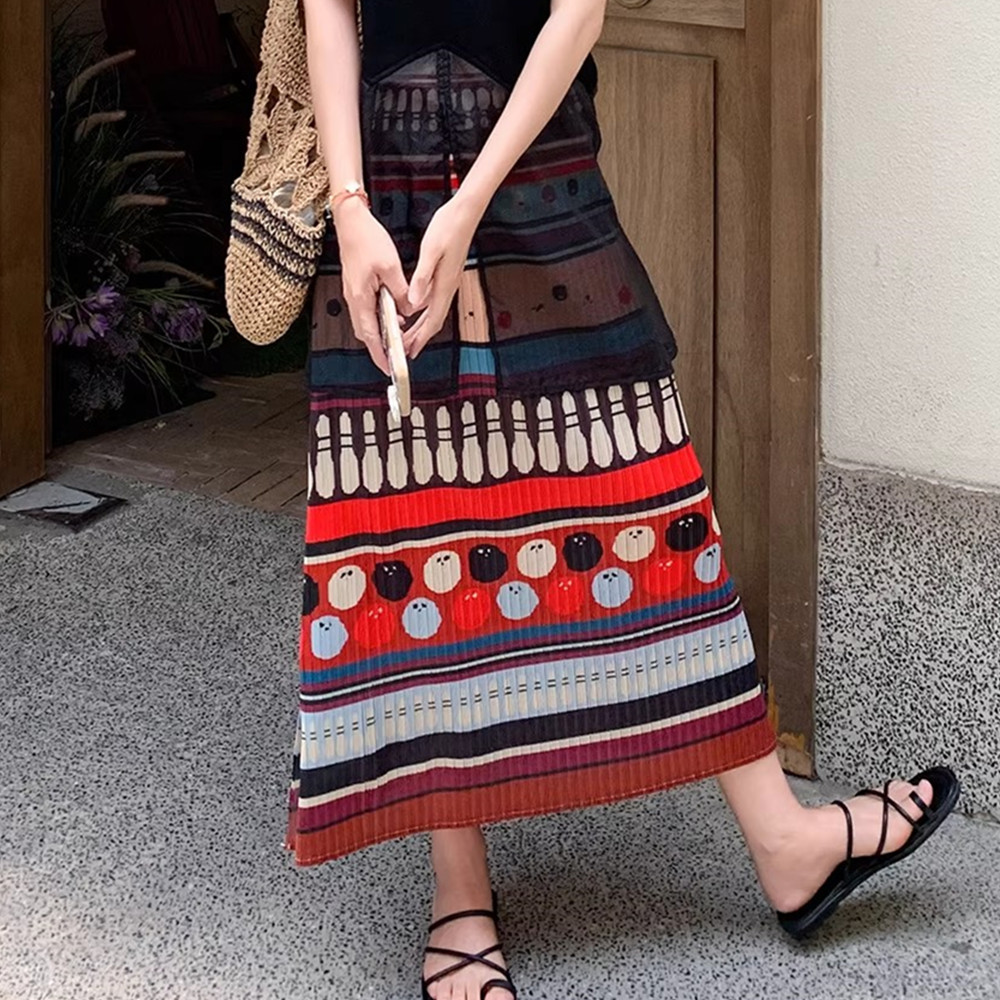 Picture of Niche design pleated skirt spring and summer thin elastic waist printed slimming age-reducing hip slit pleated skirt