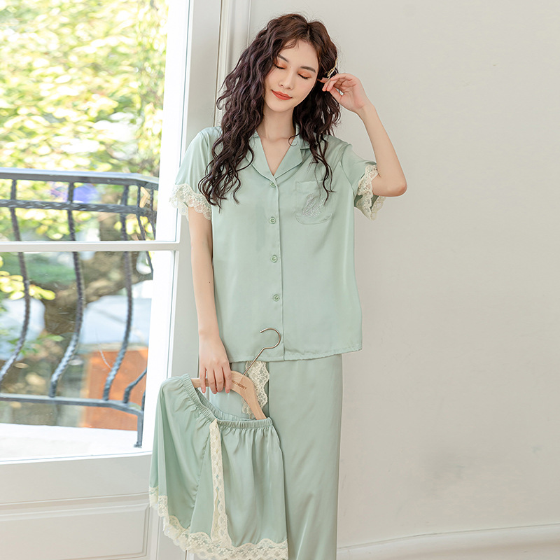 Little Red Riding Book Same Style Ice Silk Pajamas Women's Spring and Summer Short Sleeve Pants Three-Piece Suit Thin Outfit Home Clothes Wholesale