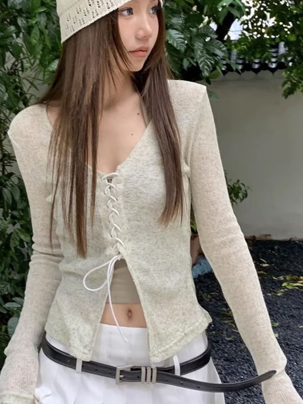 Sweet hot girl long-sleeved cardigan small coat women's autumn niche design lace-up blouse chic chic top