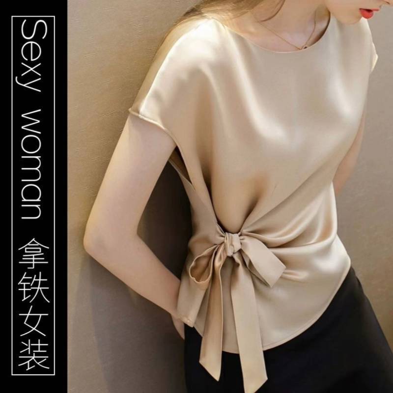 Picture of Tie Bow Design Shirt 2025 Summer Fashion Tight Waist Small Shirt Slimming Short Sleeve Top