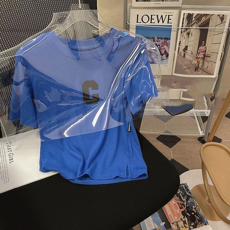 Klein Blue Letter C Short-sleeved T-shirt Women's 2025 Summer New Korean Style Elegant Loose Casual All-match Top Trendy